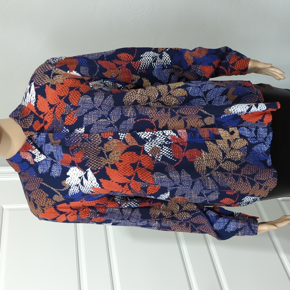 BLAIR Long Sleeve Collared Leaves Print Blue Gold Brown Shirt Size L Rayon